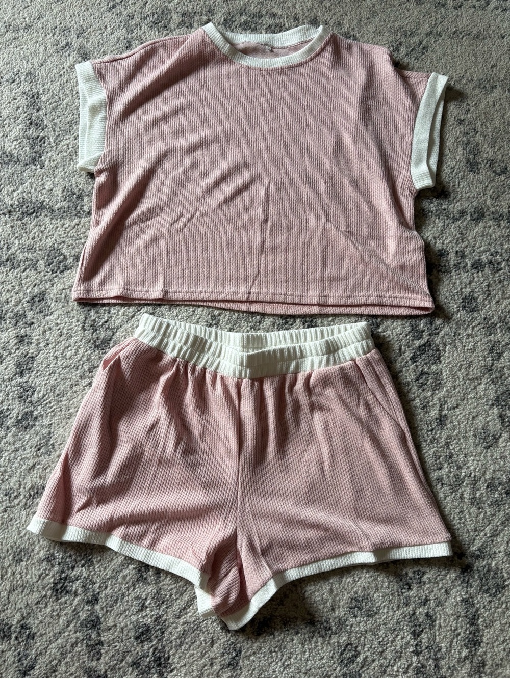 Pink Ribbed Sweater Set with White Trim